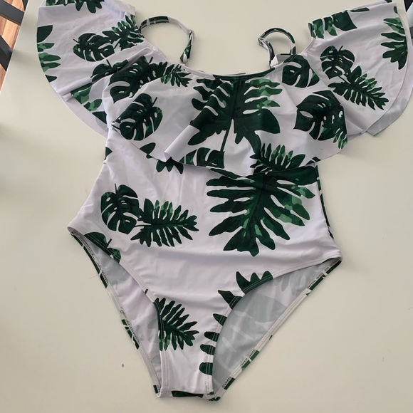 White Strapless Ruffled Bathing Suit Tempt Me Green Floral Women’s size Large - Picture 2 of 13